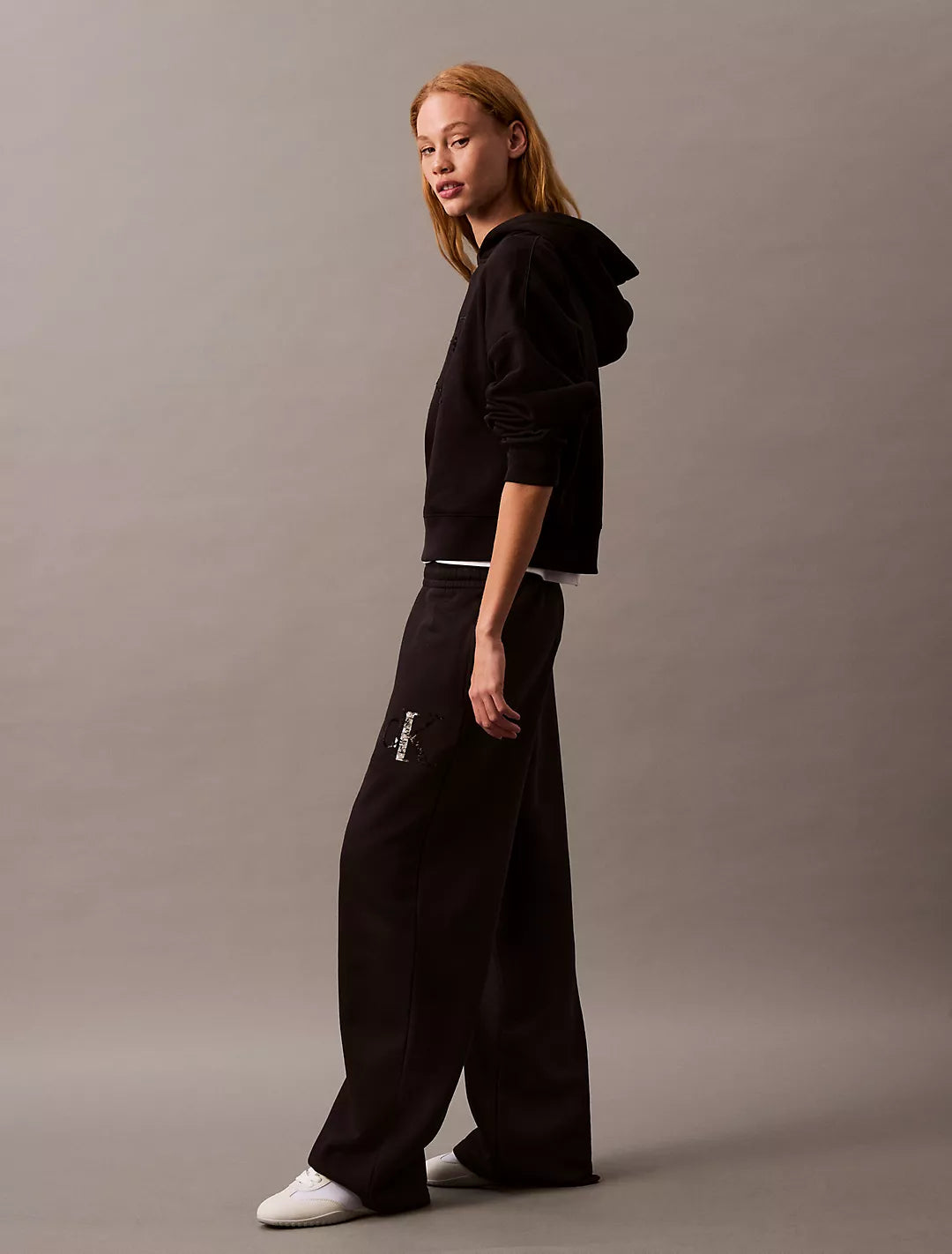 Calvin Klein Sequin Monogram Logo Fleece Wide Leg Sweatpants - Women