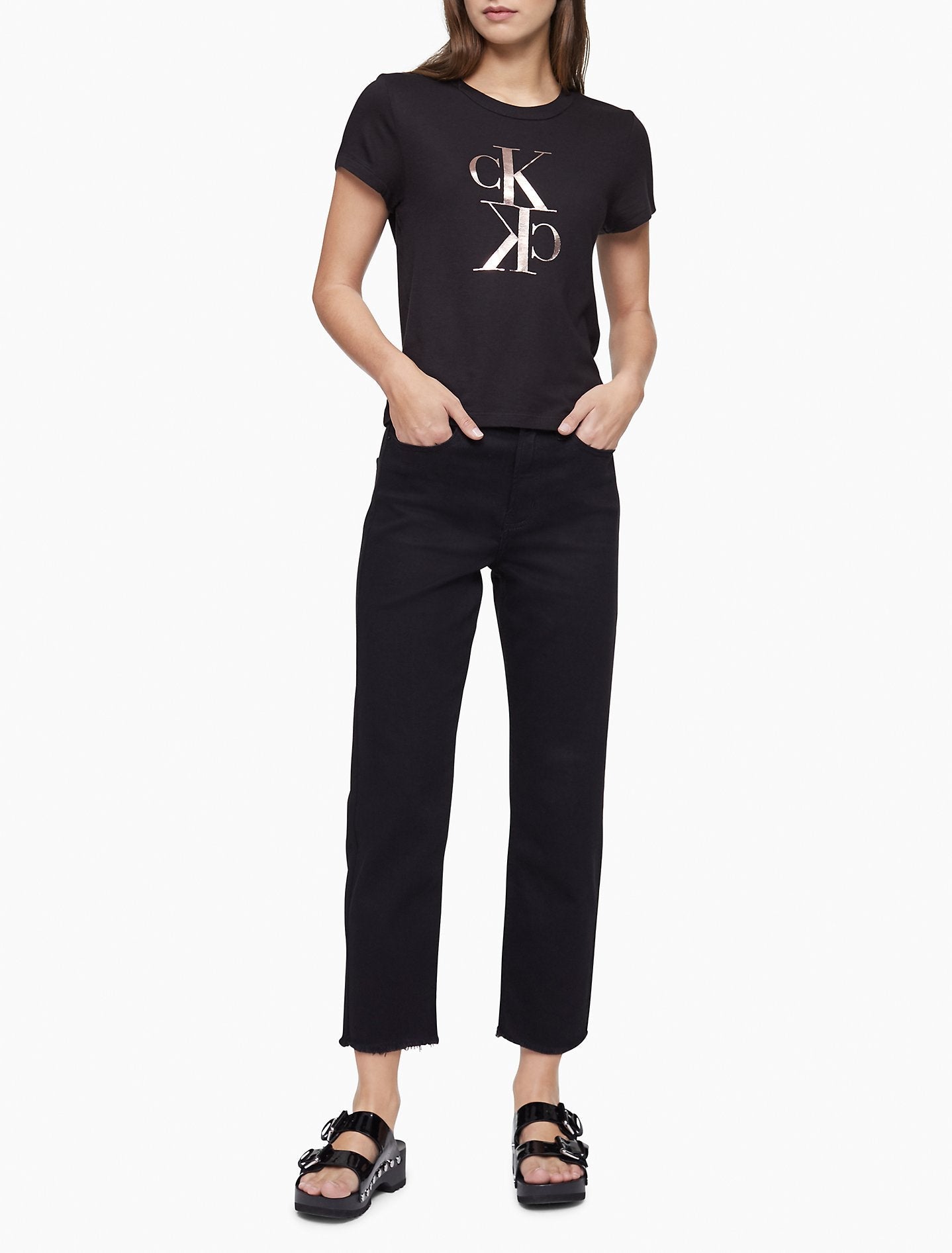 Calvin Klein Performance Logo Rolled Cuff Crop T-Shirt - Women