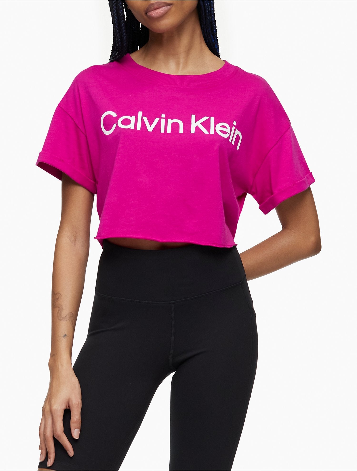Calvin Klein Performance Logo Rolled Cuff Crop T-Shirt - Women