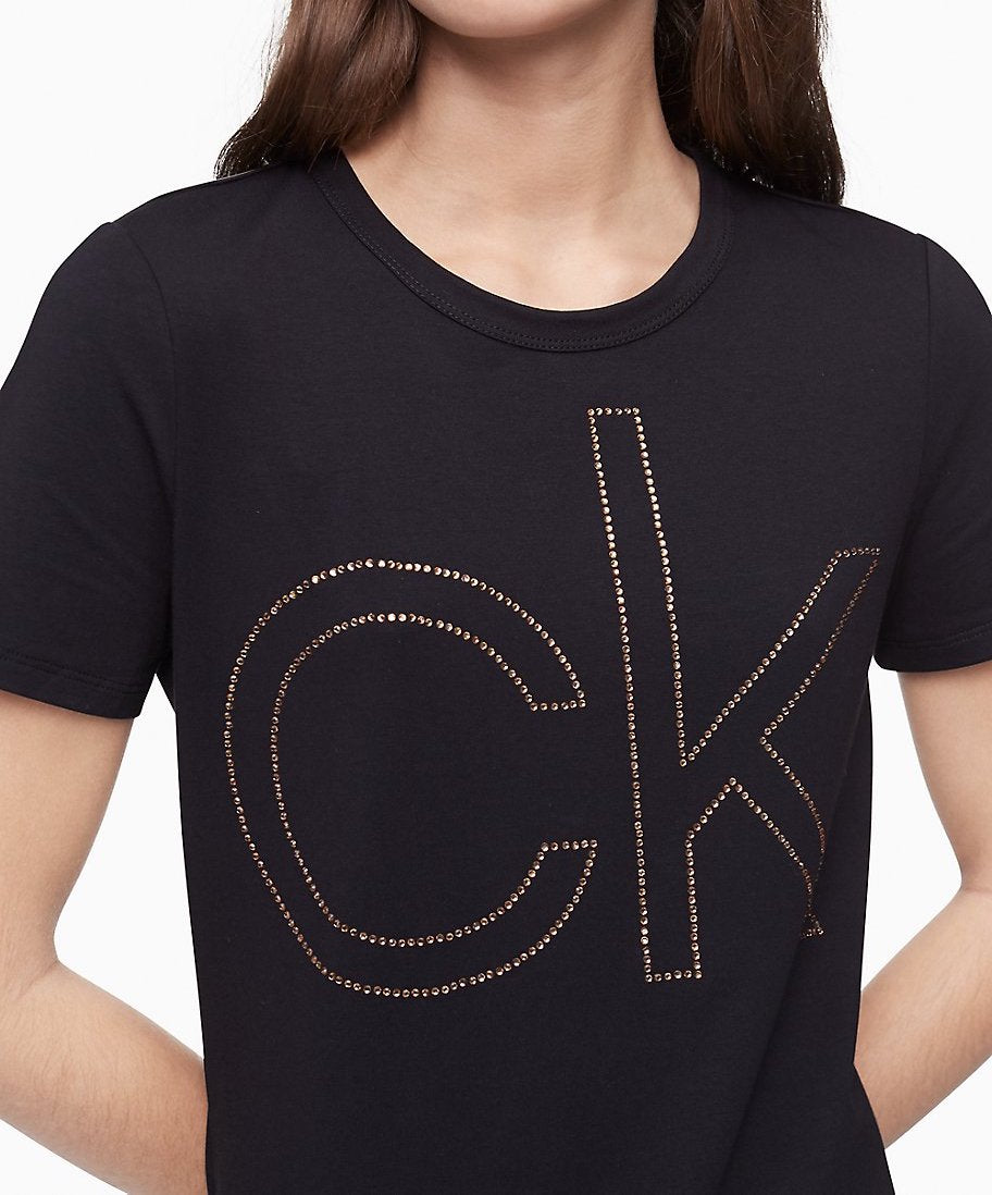 Calvin Klein Rhinestone Logo Short Sleeve T-Shirt Dress - Women