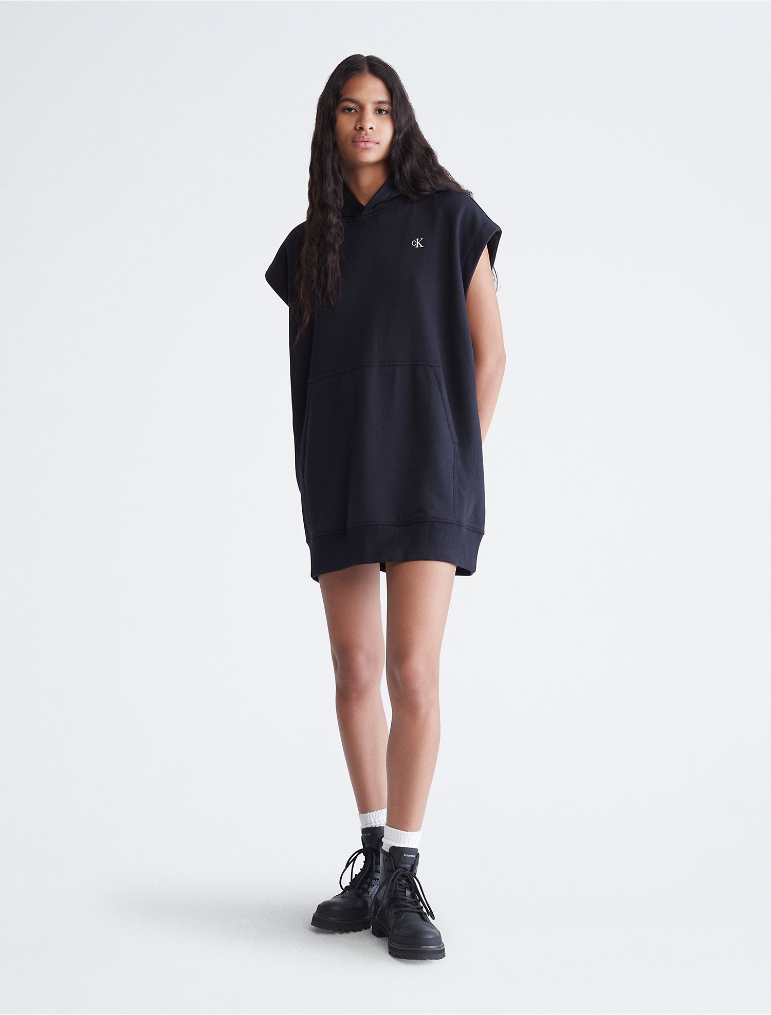 Calvin Klein Womens Hooded Sweatshirt Dress Black