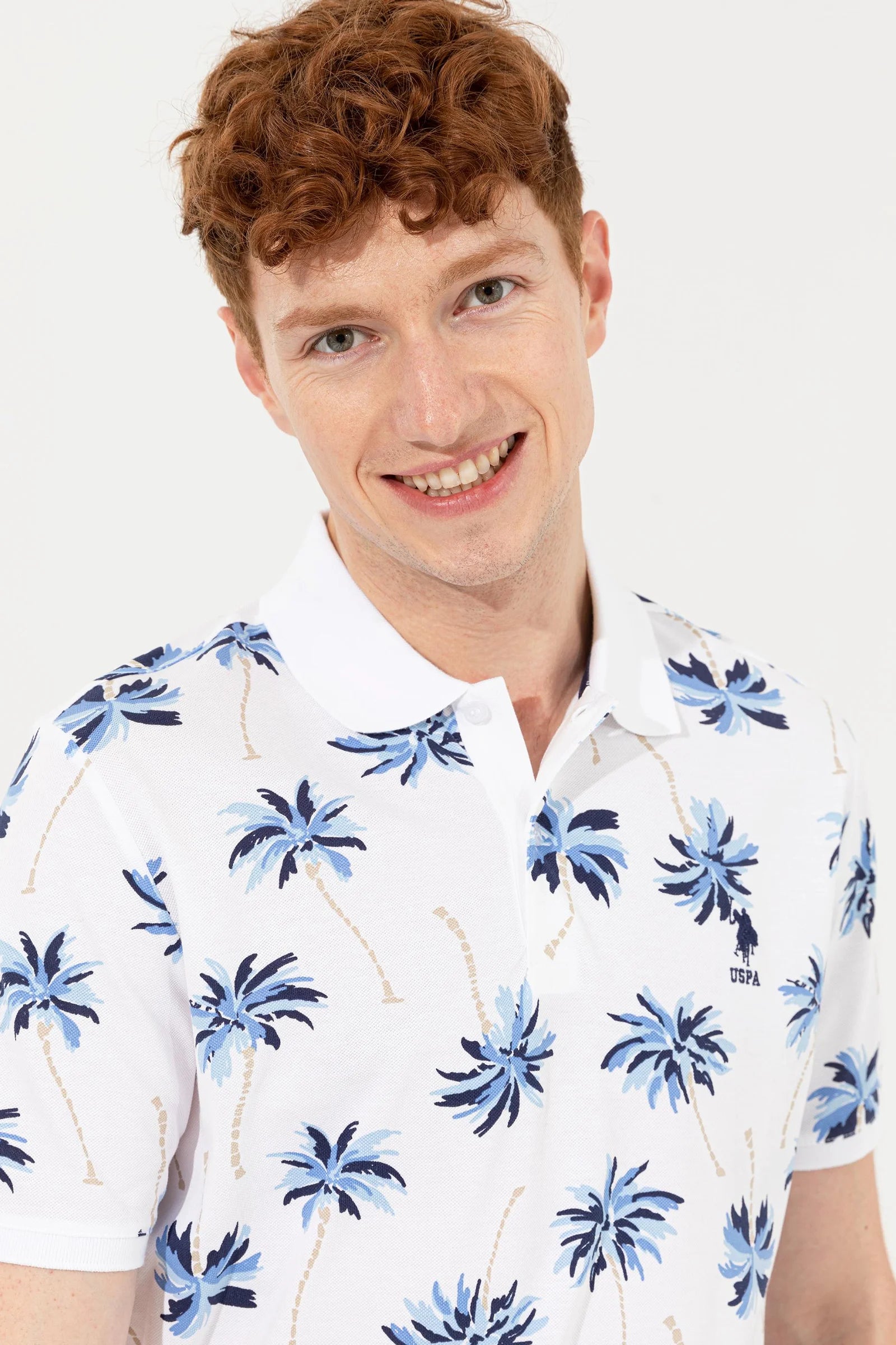 US Polo Assn. Printed Palm Tree Pattern Polo Neck T-Shirt - Men