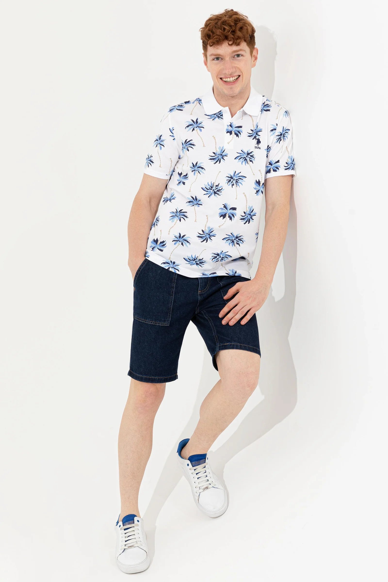 US Polo Assn. Printed Palm Tree Pattern Polo Neck T-Shirt - Men