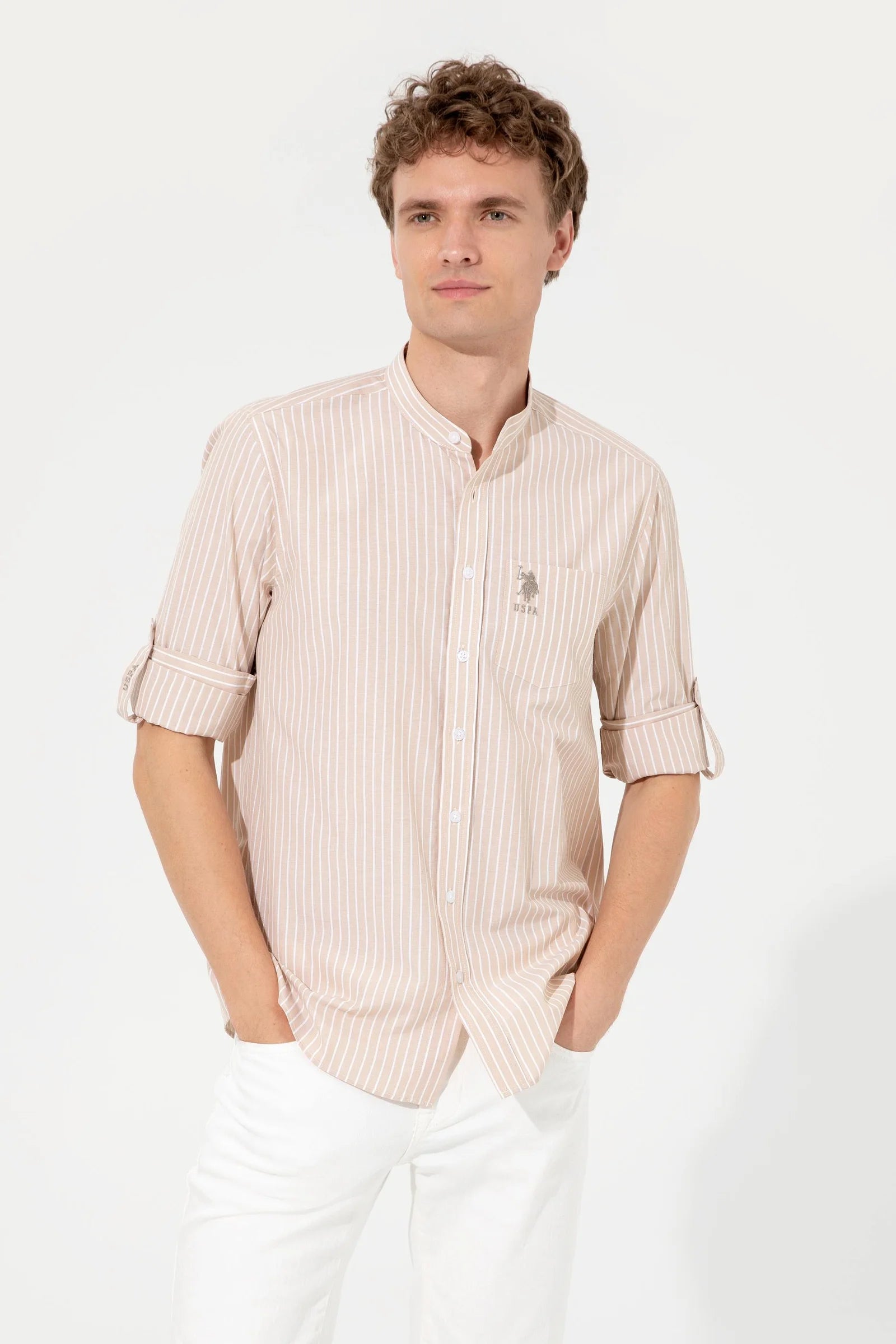 US Polo Assn. Men Shirts Beige- Oshoplin