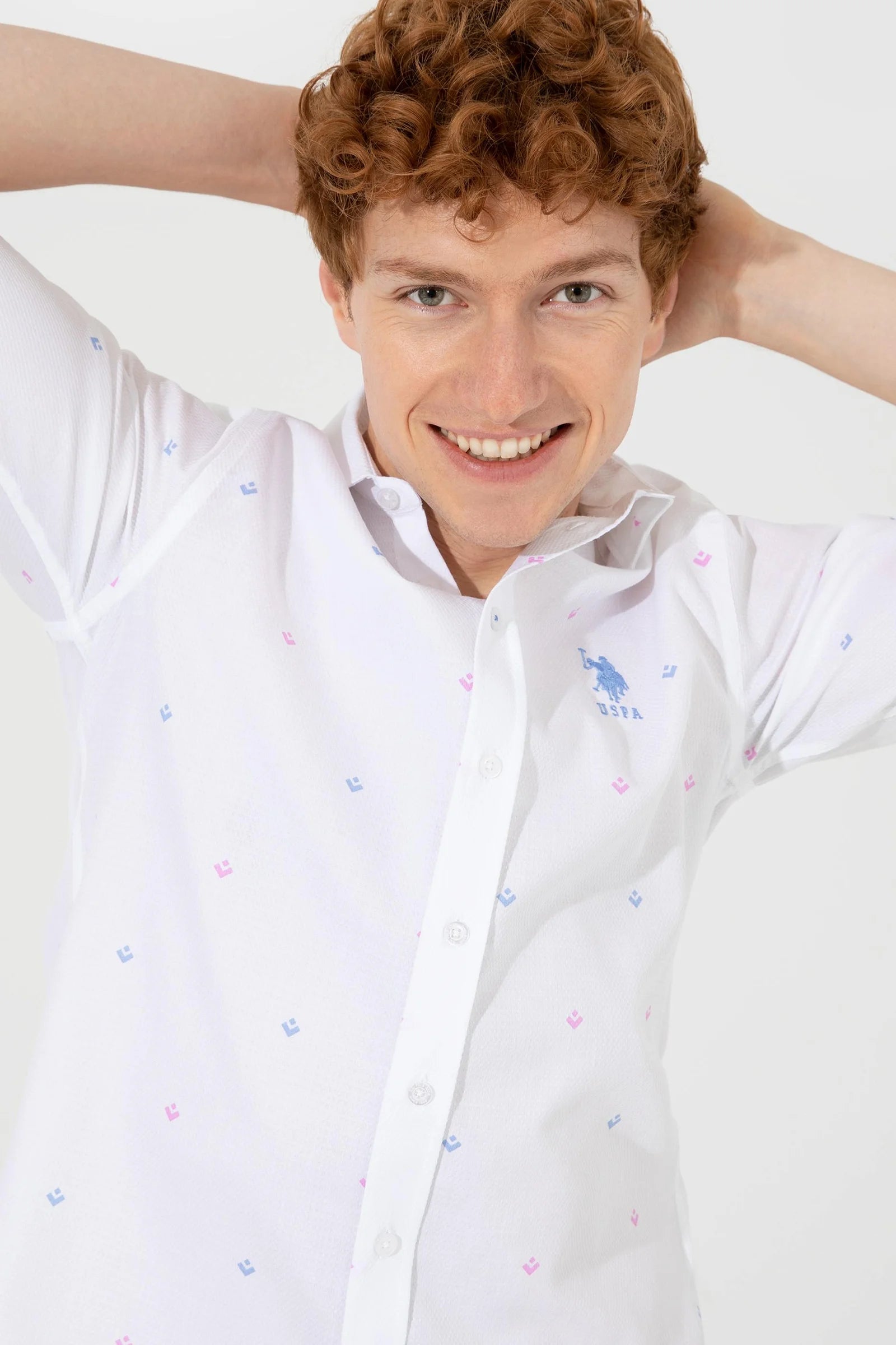 US Polo Assn. Slim Blue/Pink Shirt Long Sleeve USPA Logo - Men