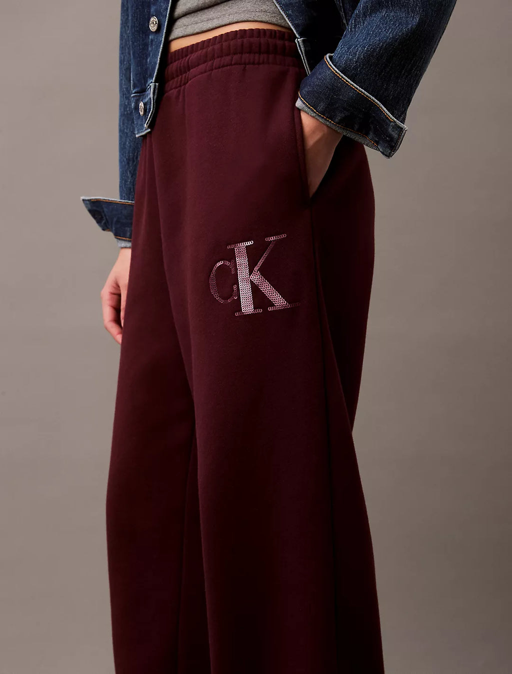 Calvin Klein Sequin Monogram Logo Fleece Wide Leg Sweatpants - Women