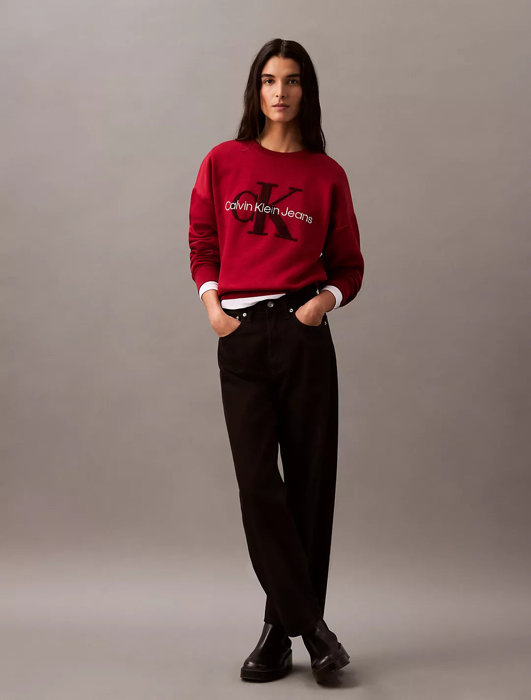 Calvin Klein Chenille Monogram Logo Fleece Crewneck Sweatshirt - Women