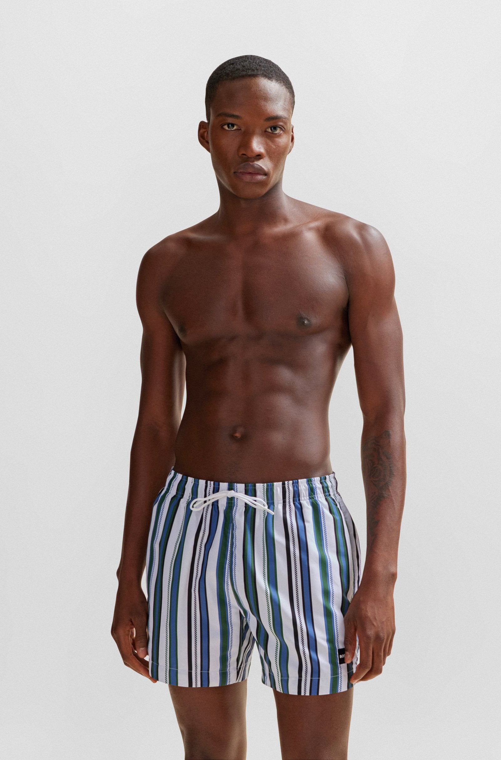 Boss Fully Lined Swim Shorts In Striped Quick-Dry Fabric - Men