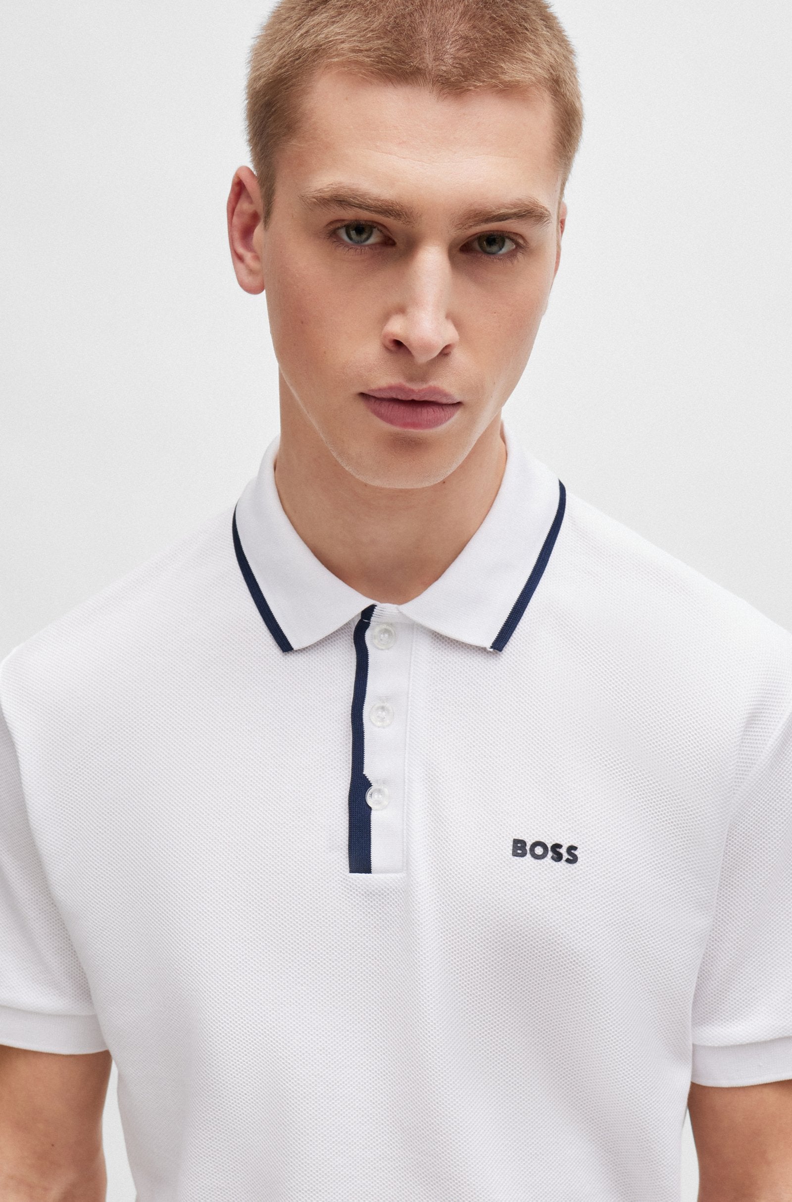 Boss Honeycomb-Cotton Polo Shirt With Contrast Logo - Men