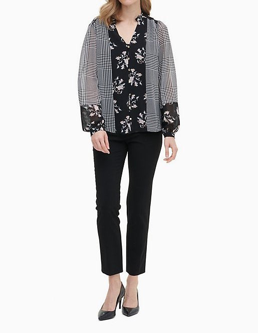 Calvin Klein Patchwork Button-Front Long Sleeve Shirt - Women