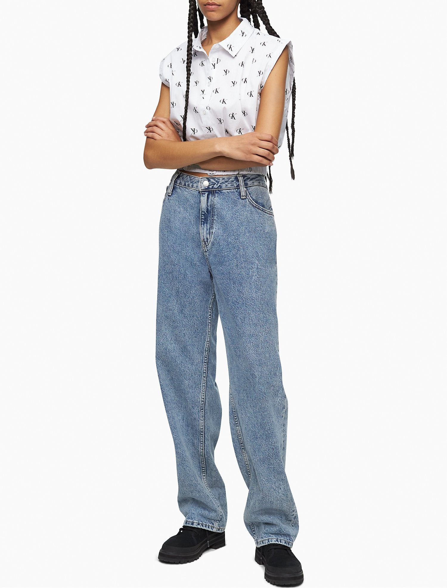 Calvin Klein Allover Logo Cropped Button-Down Shirt - Women