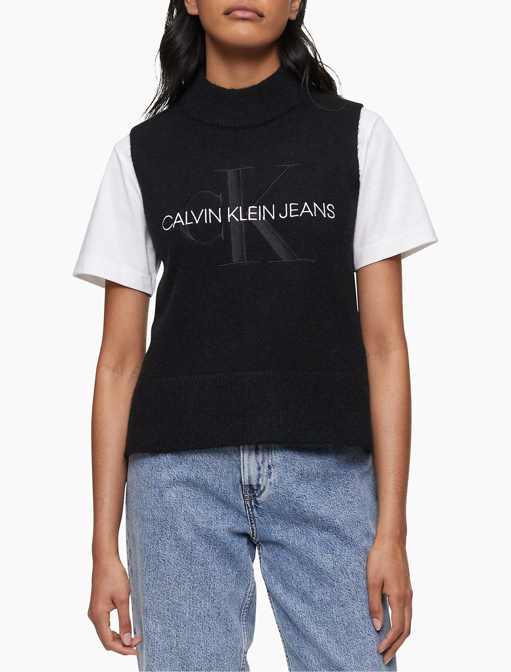 Calvin Klein Monogram Logo Mock Neck Sweatshirt in White