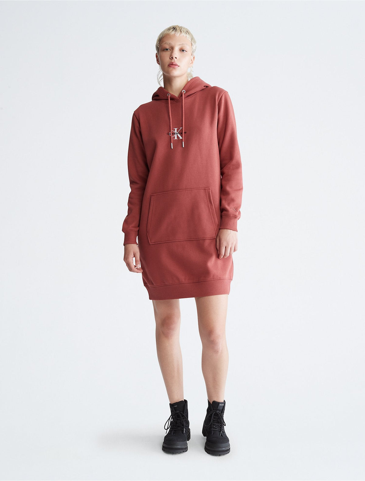 calvin klein ladies' hoodie dress Monogram Logo Repreve model-amelia Model is wearing size Wedding Dress Hanger Color:WhiteSmoke