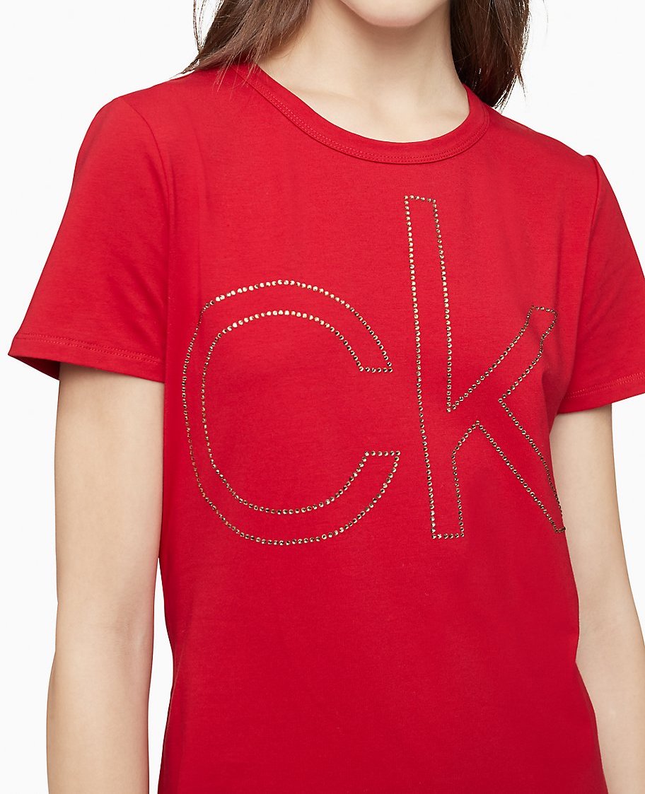 Calvin Klein Rhinestone Logo Short Sleeve T-Shirt Dress - Women