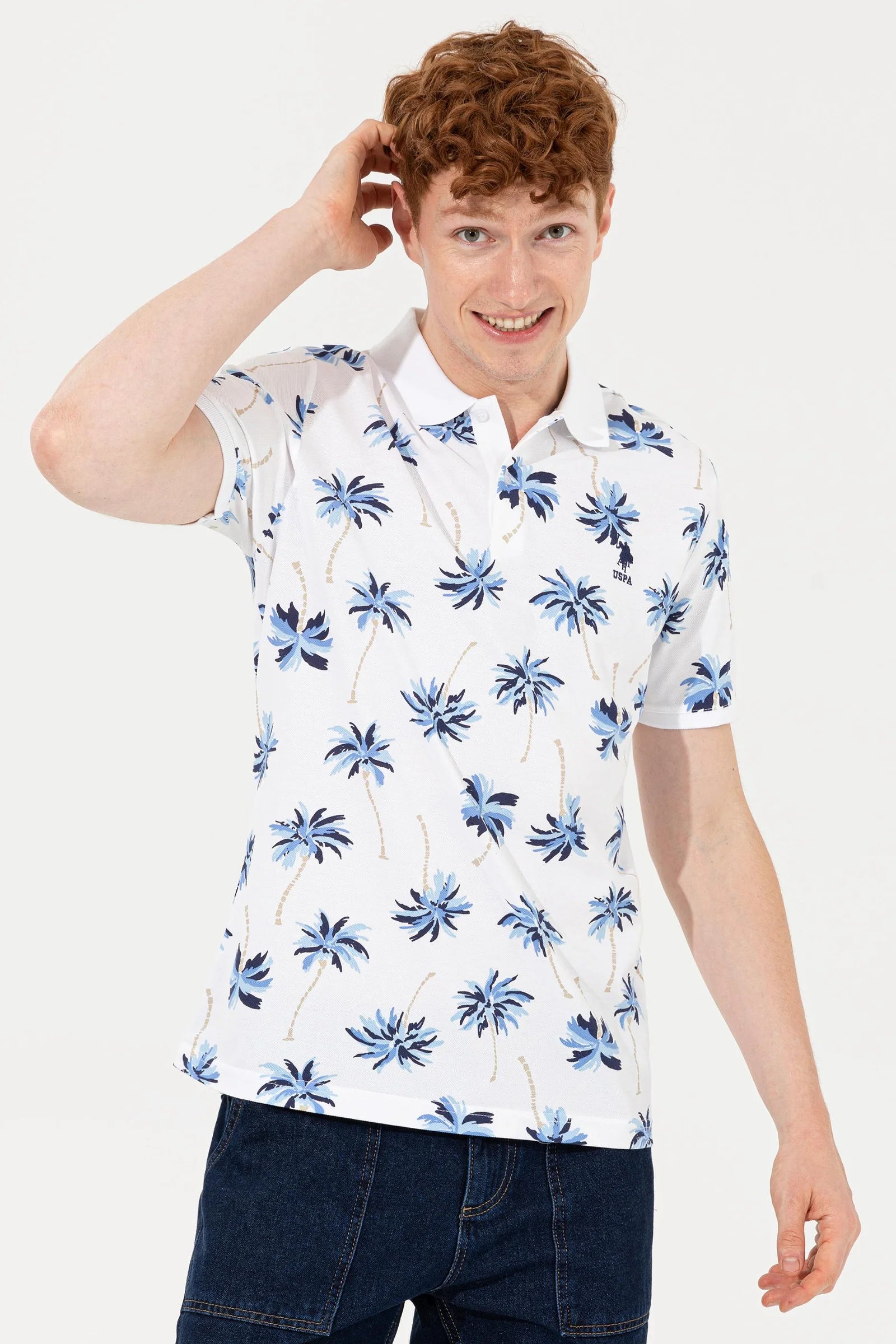 US Polo Assn. Printed Palm Tree Pattern Polo Neck T-Shirt - Men